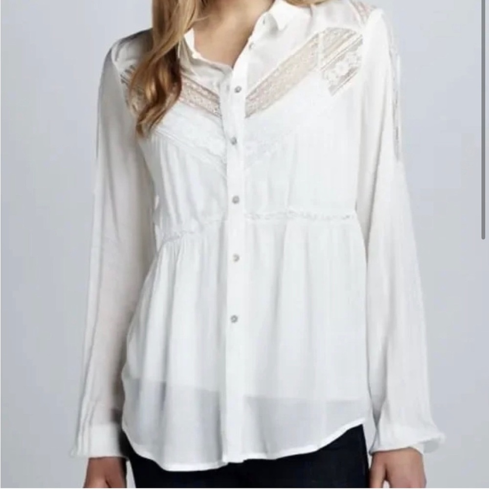 Free People Wild wind crisp white button up collared lace shirt extra snamall